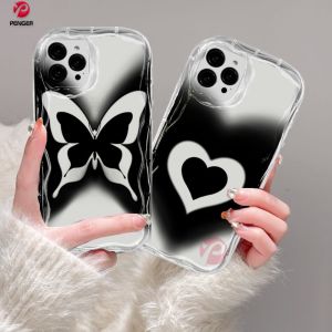 PENGER Casing hp iPhone 11 12 14 13 12 Pro Max XR 7Plus iPhone 15 Pro Max X XS Max 6s 7 8 6 Plus SE 2020 Pasangan Gradien Hitam Cinta Hati Kupu-Kupu Retro Soft Case