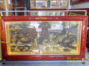 Tranh phong cảnh đồng quê DxR: 170cm x 90cm bằng đồng nền giả cổ có đèn led khung gỗ thịt