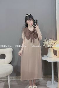 Váy bầu tăm kết hợp cổ bèo trắng xinh xắn-Đầm bầu mùa hè mềm nhẹ