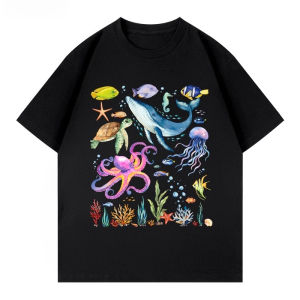 Aquarium Ocean Coral Tropical Fish Whale Print Short Sleeve Cotton High Quality T-Shirt Mens and Womens Loose Summer