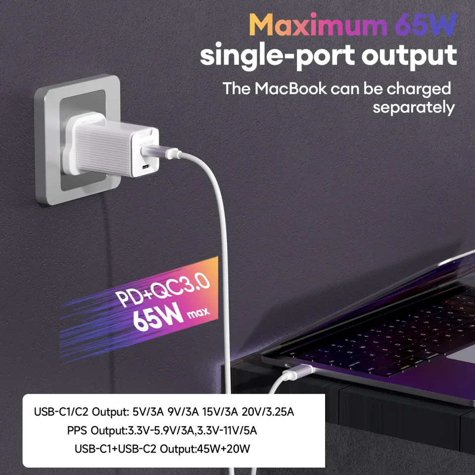 Across SpeedCharge 65W 2-Ports charger with PD, QC and PPS