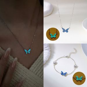 JACAUY Dreamy Blue Color Luminous Butterfly Necklace Luminous Design Butterfly Shape Butterfly Bracelet Light Luxury Alloy Glow in Dark Pendant For Women