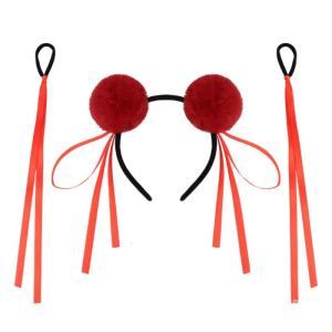Necha Buns Headband Hair Tie Set Fun Furry Pompoms Hairhoop with Bowknot Hair Buns For Adult Kids All Age Cosplay Props