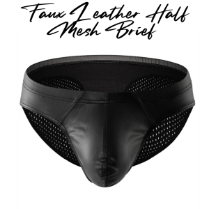 Mens Brief: Faux Leather Partial Mesh Brief (CMF160)