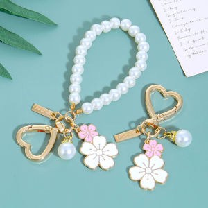 Sweet Pink Sakura Flower Key Ring Pearl Chain Wristband Keychain With Metal Tag Women Girl Callphone Car Handbag Ornaments