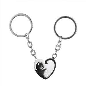 Lucu Kucing Hitam Gantungan Kunci Patchwork Hati Bulat Pasangan Pecinta Keyring Stainless Steel Ransel Kunci Mobil Gantungan Perhiasan