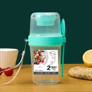 Double-Layer Salad Cup Portable Overnight Oat Jar with Lid Spoon Plastic Oatmeal Cup Air Tight Yogurt Jar Breakfast Cup