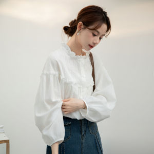 AMMIN 2025 Spring and Autumn new sweet wooden ear edge stand collar long sleeve commuter chiffon shirt woman Korean style three-dimensional embroidery floral puffed sleeve elegant blouse
