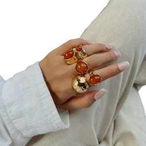 NOVELLEO 5pcs/7pcs Vintage Opening Rings Set Irregular Stackable Retro Metal Ring Trendy Gold Chunky Smooth Rings Female Jewelry
