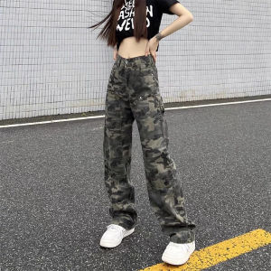 Overall pinggang tinggi retro kamuflase pria dan wanita celana lebar longgar fashion populer