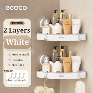 Ecoco Suction Cup Bathroom Corner Shelf Drill-free Shower Organizer with Sliding Hooks Easy Install