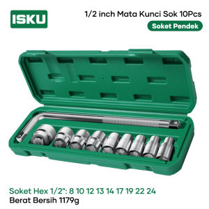 ISKU Kunci Sok Set 10/12 Pcs 1/2 Inch Segi Enam 6PT Lengkap Pilihan Gagang L & Ratchet 24/72 Gigi Mata Shock 8-24mm Alat Bengkel Motor Mobil Buka Baut Keras Anti Slek Kotak Tool Kit Perkakas Baja Tebal Heavy Duty Torsi Tinggi Tahan Banting