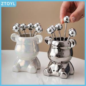 ZTOYL  6pcs Stainless Steel Dessert Forks With Storage Jar Cute Bear Utensils For Party Tasting Dessert Fruit Pickle Fruit Salad