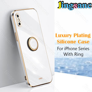 Jingsanc For iPhone 7/8/7 Plus/8 Plus/6/6S/6 Plus/6S Plus/X/XS/XR/XS Max Phone Case Luxury Plating With Ring Holder Casing Simple Stand Silicone Electroplating Straight Square Edge Case All-inclusive lens Back Cover