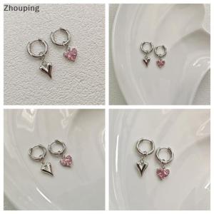 【ZP】 Flash Sale Cute Sweet Pink Zircon Heart-shaped Pendant Earrings For Women Simple Geometric Circular Ear Buckle Fashion Jewelry Accessories Gift