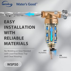 iSpring WSP-50 ตัวกรองตะกอนขั้นต้นสำหรับระบบกรองน้ำ 50 Micron Reusable Whole House Pre-Filtration System Flushable Dutch Wave Stainless Steel Mesh Lead-Free Brass