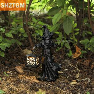 [COD] SHZTGM รูปปั้นแม่มดตกแต่งฮาโลวีนพร้อมโคมไฟรูปปั้นผีเรซินนรกตุ๊กตาแม่มดวินเทจที่ไร้ใบหน้าน่ากลัว