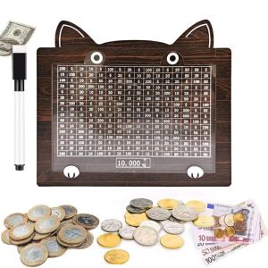 ZKMFU9568 Wooden Money Saving Box Reusable With Goals Counter Piggy Bank Cartoon Cat Coin Storage Box for Adults and children