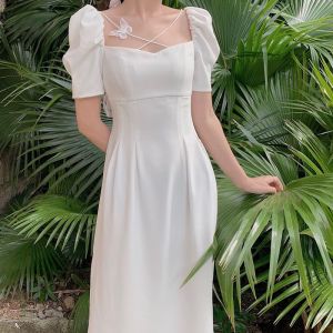 summer white dress for woman casual red long dress formal puff sleeves plain black dress with slit korean elegant green dress plus size sunday fitted cocktail dress trendy civil wedding dress graduation dress