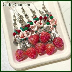 Caile Unique Sweet Strawberry Phone Charms Pendant Cute Bow Heart Beaded Keychain Camera Schoolbag Decoration Accessories Gifts