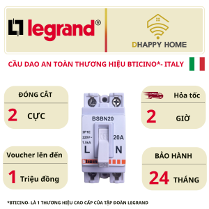 Cầu dao an toàn thương hiệu Bticino Ý Legrand BSBN20 2 cực 20A 220V 1.5kA 24 tháng bảo hành
