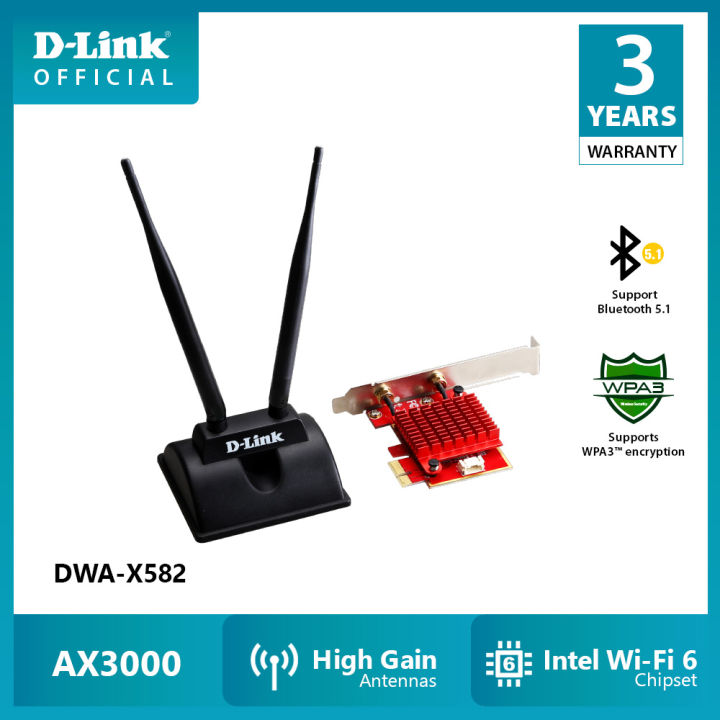 D-Link DWA-X582 Wi-Fi 6 PCIe Adapter AX3000 met Bluetooth 5.0 D-Link DWA-X582 Wi-Fi 6 PCIe Adapter AX3000 met Bluetooth 5.0