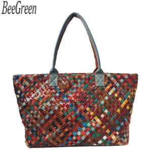 BeeGreen Women Real Leather Woven Tote Bag Fashion Multicolor Shoulder Bag Large Capacity Weave Handbag Elegant Commuting Bag
