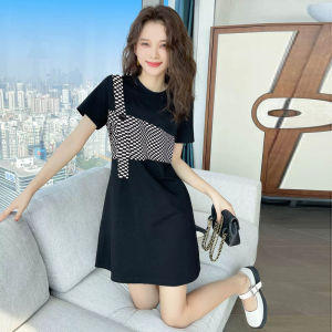 ELF TRIBE Cotton Color Blocking Shirt Dress for Women Hepburn Style Round Neck Short Sleeve Black Dresses