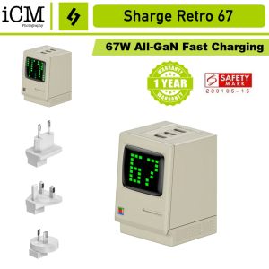 Sharge Retro 67W GaN Charger 3 ports USB-C Fast Charging with Digital Rain LED Display