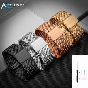 Aotelayer 12 13 14 15 16 17 18 19 20 21 22 24Mm Chiều Rộng Hoàn Toàn Bằng Thép Không Gỉ Milanese Dây Đeo Đồng Hồ Thông Dụng Đầu Phẳng Dây Đeo Khóa An Toàn Kép Cho Dw Cho Samsung Galaxy Watch Active