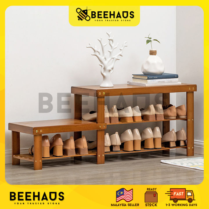 Height-Adjustable Natural Rubberwood Shoe Changing Bench | Brown Finish with Hidden Storage
