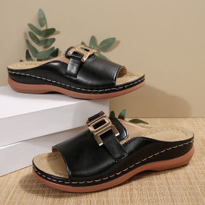 [Free Shipping] 2025 Spring New Collection: Plus-Size Solid-Color Round-Toe Metal Chain Casual Slip-On Sandals For Women