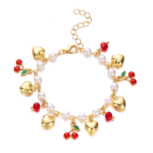 Adjustable Love Charm Bracelet with 3D Strawberry Cherrys Heart and Pearls Beads Decoration for Women Casual Wear
