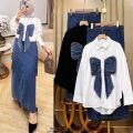 setelan wanita one set jeans / one set wanita atasan dan rok / setelan wanita import / ribon one set rok. 