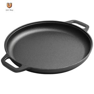 Iron Round Griddle For Crepes And Pizza with Dual Handles Non-Stick BBQ Camping Fry Pan Kitchen Outdoor BBQ Grill [Ueb Shop]