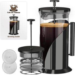 Cafe Du Chateau Stainless Steel French Press Coffee Maker 34 oz - Easy to Use Insulated Coffee Press with 4-Level Filtration Manual Brewer for Tea Camping & Travel with BPA Free Durable Clear Glass