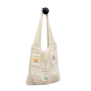 PANE5 Flower Knitted Tote Bag Hollow Large Capacity Hollow Shoulder Bag Simple Breathable Woven Beach Bag Travel