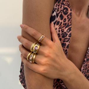 [fenggongshuode] 6Pcs Inlaid Purple Zircon Adjustable Opening Ring Set Women Smooth Gold Color Ring For Female Daily Jewelry Accessories Gift