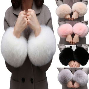 MKEB ขนเฟอร์เทียม ถุงมือสายรัดข้อมือ นุ่มนุ่มๆ อุปกรณ์เสริมเสื้อผ้า เสื้อคลุมแขนกำมะหยี่สำหรับผู้หญิง ถุงมือกันลม ข้อมืออุ่นมือ ฤดูหนาวแขนเสื้อ