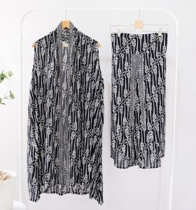 One Set Batik Wanita Modern Setelan Celana Panjang Batik Set Batik Kulot Batik Lebaran Batik Kondangan - Hitam Putih Tanpa Lengan