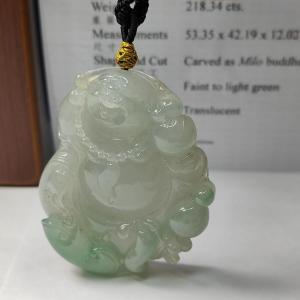 Natural Type A Jadeite Jewellery Pendant carved as Milo Buddha with Ruyi with Gemstone report from NGI weighs at 218.34 grams 53.35 * 42.19 * 12.02 mm Translucent with faint to light green with good translucency premium quality pendant (pendant156)