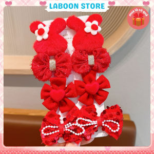 Bộ kẹp tóc nơ đỏ lông nhung LABOON set 8 kẹp mái mix charm siêu xinh mừng năm mới dịp Tết lễ hội