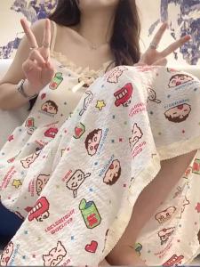 Mid-length slip nightdress womens cartoon pajamas Womens cartoon loose cute homewear with chest pad  中长吊带睡裙女卡通睡衣女卡通宽松可爱家居服带胸垫