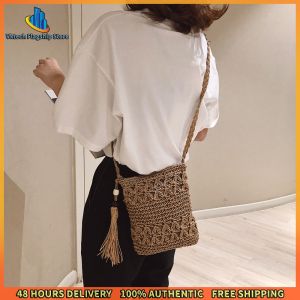 Vktech Comfortable Womens Woven Beach Casual Shoulder Bag with Tassels Solid Color Crossbody Purse for Summer Days