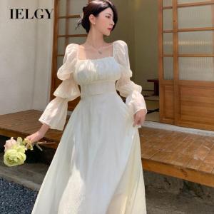 IELGY beauty back long sleeve dress womens french square neck tie a-line