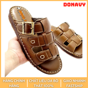 Dép quai ngang nam da bò thật 100% thiết kế kiểu 3 dây đính khuy đồng bắt mắt d.3kd