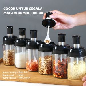 BOTOL BUMBU KACA + SENDOK TEMPAT BUMBU MASAK DAPUR WADAH GARAM GULA