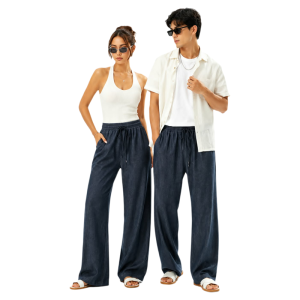 AA..New Men Casual Wide Leg Full Length Pants with Elastic Waist and Plain Design