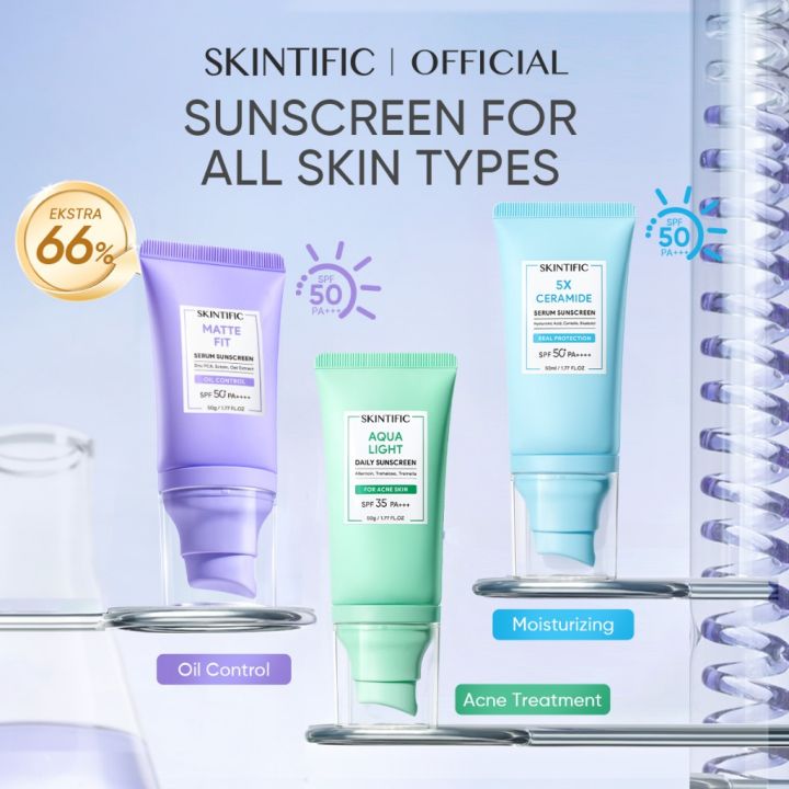 [​NEW ADVANCED FORMULA] SKINTIFIC - SPF50+ PA++++ Sunscreen 2PCS | Matte Fit Serum Sunscreen 50ml / 5X Ceramide Serum Sunscreen / Aqua Light Daily Sunscreen / Light Serum Brightening Sunscreen | Oil Control Cepat Menyerap Fast-Absorbing Melembapkan Hidras