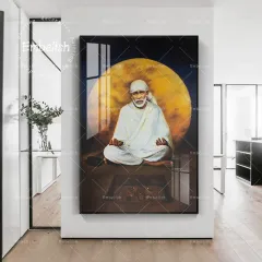 HandicraftStore Sai Baba Sitting on Rock with White Clothes and Lord Brahma,  Vishnu, Mahesh Sai Baba